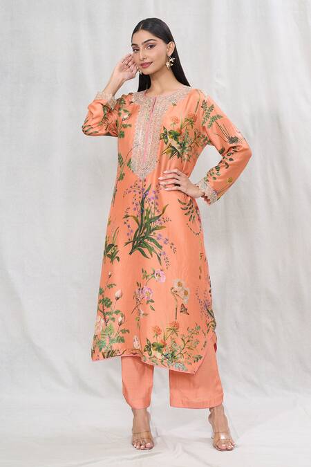 Buy_Anushree Reddy_Peach Silk Lace Split V-neck Blossom Print Kurta And Pant Set _Online_at_Aza_Fashions