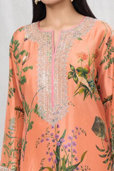 Shop_Anushree Reddy_Peach Silk Lace Split V-neck Blossom Print Kurta And Pant Set _Online_at_Aza_Fashions