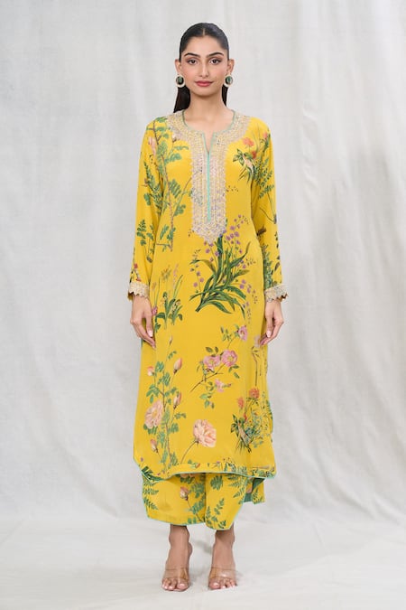 Anushree Reddy_Yellow Crepe Lace, Piping Split V-neck Blossom Print Straight Kurta And Pant Set _Online_at_Aza_Fashions