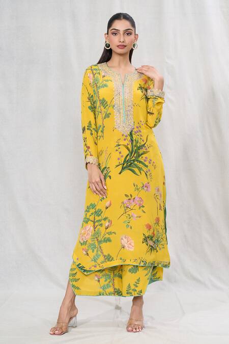 Buy_Anushree Reddy_Yellow Crepe Lace, Piping Split V-neck Blossom Print Straight Kurta And Pant Set _Online_at_Aza_Fashions