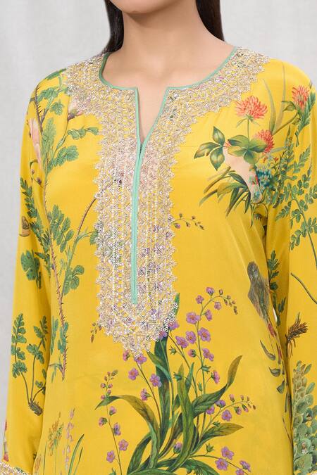 Shop_Anushree Reddy_Yellow Crepe Lace, Piping Split V-neck Blossom Print Straight Kurta And Pant Set _Online_at_Aza_Fashions