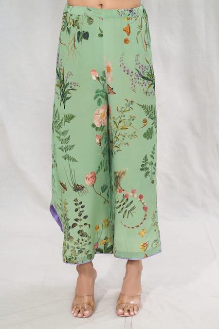 Anushree Reddy Green Crepe Lace Split V-neck Floral Blossom Print Kurta And Pant Set Online at Aza Fashions Anushree Reddy_Green Crepe Lace Split V-neck Floral Blossom Print Kurta And Pant Set _Online_at_Aza_Fashions