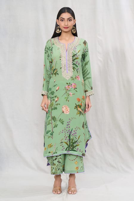 Buy Anushree Reddy Green Crepe Lace Split V-neck Floral Blossom Print Kurta And Pant Set Online at Aza Fashions Buy_Anushree Reddy_Green Crepe Lace Split V-neck Floral Blossom Print Kurta And Pant Set _Online_at_Aza_Fashions