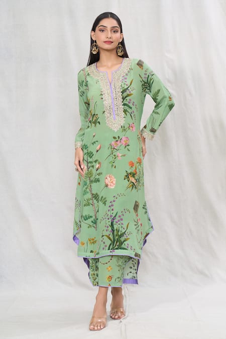 Shop Anushree Reddy Green Crepe Lace Split V-neck Floral Blossom Print Kurta And Pant Set Online at Aza Fashions Shop_Anushree Reddy_Green Crepe Lace Split V-neck Floral Blossom Print Kurta And Pant Set _Online_at_Aza_Fashions
