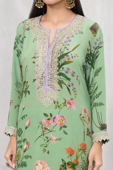 Anushree Reddy Green Crepe Lace Split V-neck Floral Blossom Print Kurta And Pant Set at Aza Fashions Anushree Reddy_Green Crepe Lace Split V-neck Floral Blossom Print Kurta And Pant Set _at_Aza_Fashions