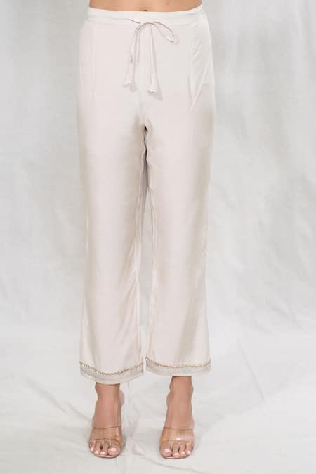 Anushree Reddy_Ivory Chiffon Sequins, Embroidery Split V-neck Kaftan And Pant Set _Online_at_Aza_Fashions