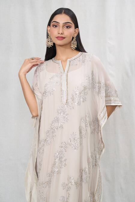 Buy_Anushree Reddy_Ivory Chiffon Sequins, Embroidery Split V-neck Kaftan And Pant Set _Online_at_Aza_Fashions