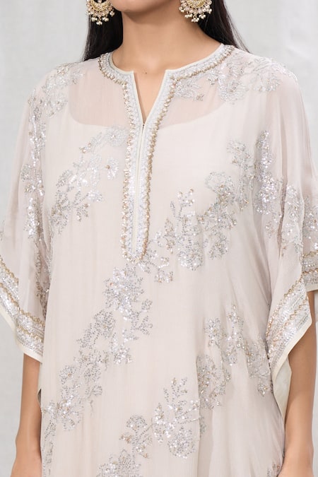 Shop_Anushree Reddy_Ivory Chiffon Sequins, Embroidery Split V-neck Kaftan And Pant Set _Online_at_Aza_Fashions