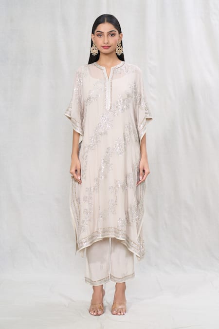 Anushree Reddy_Ivory Chiffon Sequins, Embroidery Split V-neck Kaftan And Pant Set _at_Aza_Fashions