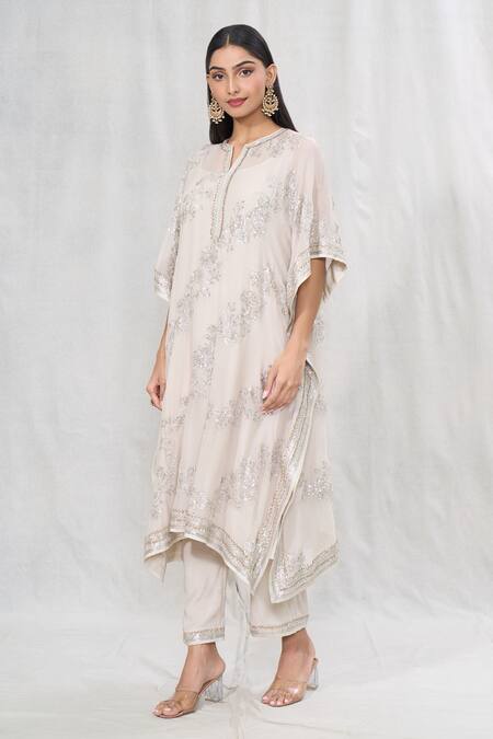 Buy_Anushree Reddy_Ivory Chiffon Sequins, Embroidery Split V-neck Kaftan And Pant Set 