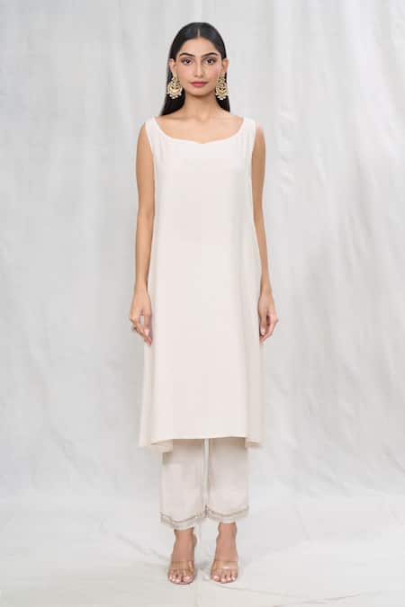 Shop_Anushree Reddy_Ivory Chiffon Sequins, Embroidery Split V-neck Kaftan And Pant Set 