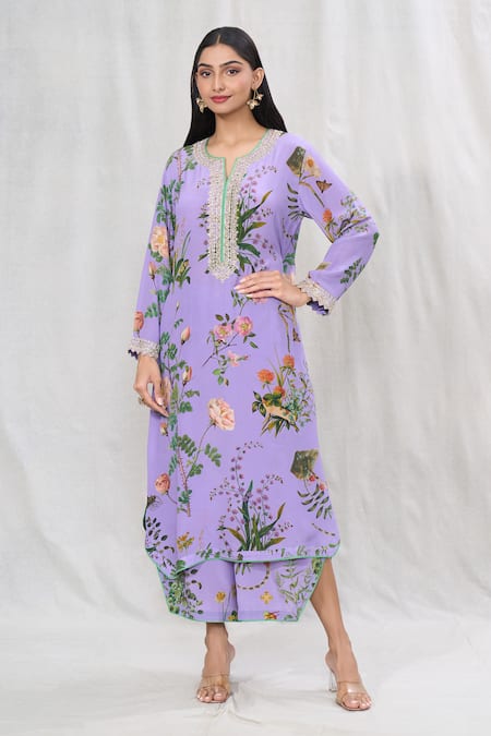 Anushree Reddy Purple Crepe Printed Flower Notched Kurta And Pant Co-ord Set  