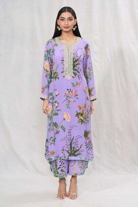 Anushree Reddy_Purple Crepe Split V-neck Flower Print Kurta And Pant Co-ord Set _Online_at_Aza_Fashions
