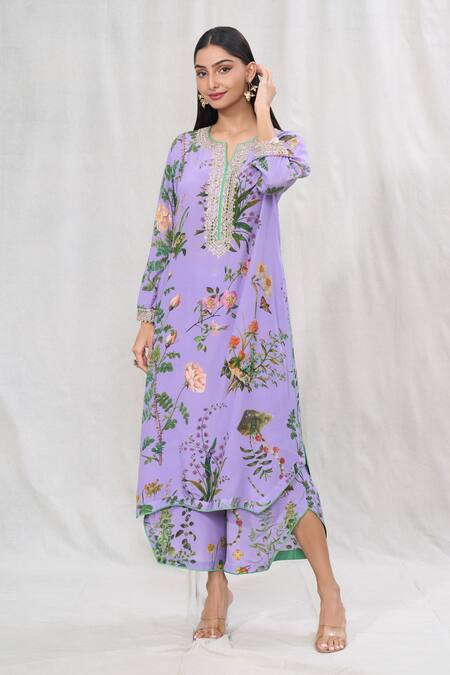Buy_Anushree Reddy_Purple Crepe Split V-neck Flower Print Kurta And Pant Co-ord Set _Online_at_Aza_Fashions