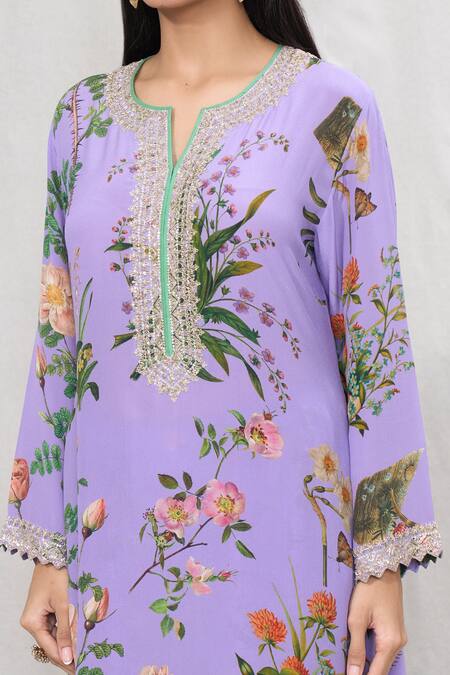Shop_Anushree Reddy_Purple Crepe Split V-neck Flower Print Kurta And Pant Co-ord Set _Online_at_Aza_Fashions