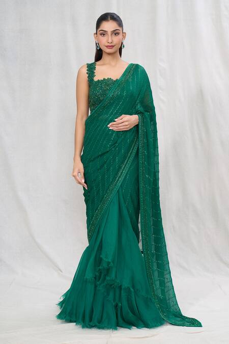 Anushree Reddy_Emerald Green Chiffon Sequins, Embroidery, Beads Pre-draped Saree With Blouse _Online_at_Aza_Fashions
