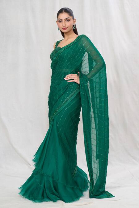Buy_Anushree Reddy_Emerald Green Chiffon Sequins, Embroidery, Beads Pre-draped Saree With Blouse _Online_at_Aza_Fashions
