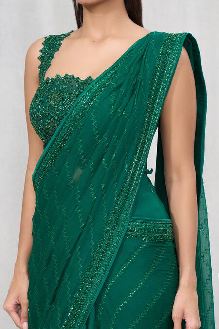 Shop_Anushree Reddy_Emerald Green Chiffon Sequins, Embroidery, Beads Pre-draped Saree With Blouse _Online_at_Aza_Fashions