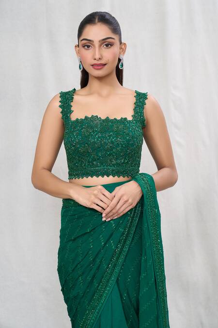 Anushree Reddy_Emerald Green Chiffon Sequins, Embroidery, Beads Pre-draped Saree With Blouse _at_Aza_Fashions