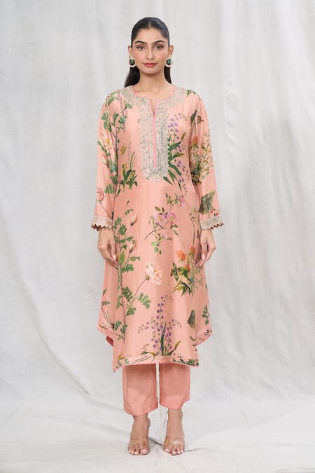 Anushree Reddy_Peach Silk Lace Split V-neck Printed Straight Kurta And Pant Set _Online_at_Aza_Fashions