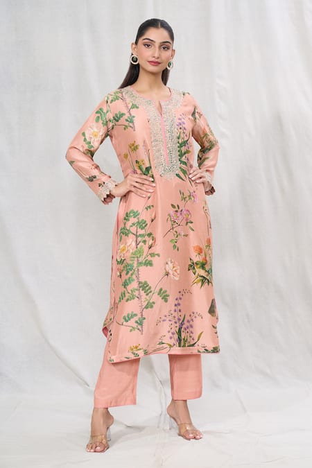 Buy_Anushree Reddy_Peach Silk Lace Split V-neck Printed Straight Kurta And Pant Set _Online_at_Aza_Fashions