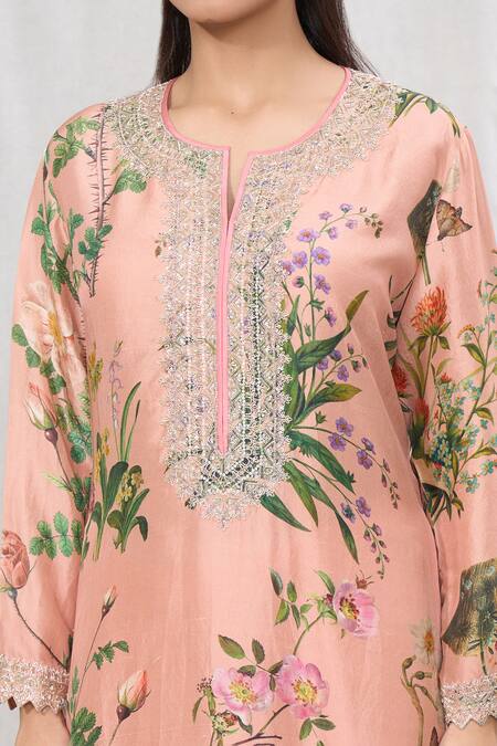 Shop_Anushree Reddy_Peach Silk Lace Split V-neck Printed Straight Kurta And Pant Set _Online_at_Aza_Fashions