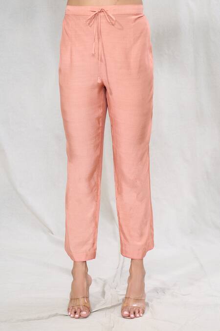 Anushree Reddy_Peach Silk Lace Split V-neck Printed Straight Kurta And Pant Set _at_Aza_Fashions