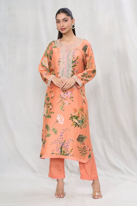 Anushree Reddy Orange Dupion Silk Printed Floral Straight Kurta And Solid Pant Set  