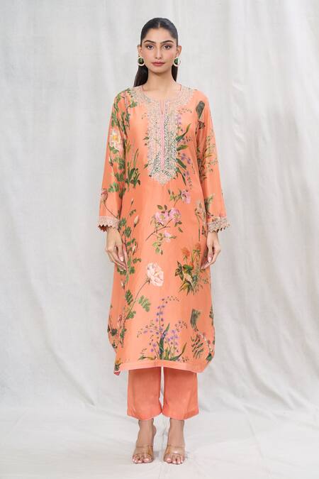 Anushree Reddy_Orange Silk Lace Collared Printed Straight Kurta And Solid Pant Set _Online_at_Aza_Fashions