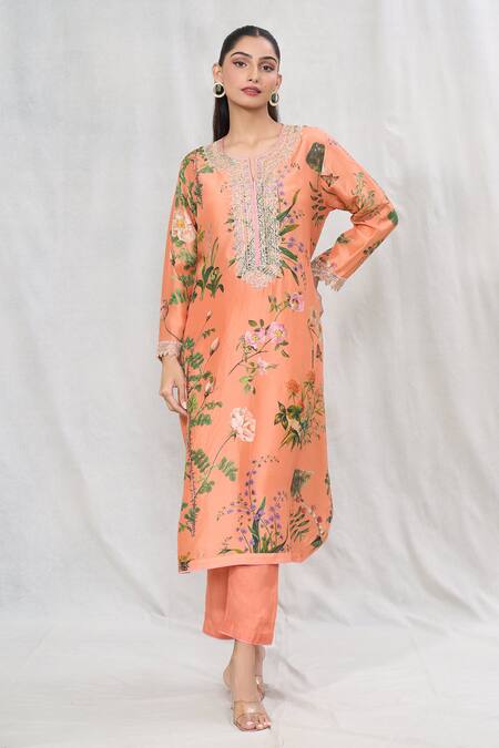 Buy_Anushree Reddy_Orange Silk Lace Collared Printed Straight Kurta And Solid Pant Set _Online_at_Aza_Fashions
