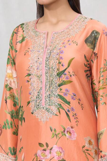 Shop_Anushree Reddy_Orange Silk Lace Collared Printed Straight Kurta And Solid Pant Set _Online_at_Aza_Fashions