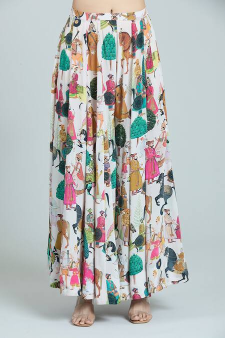 Rajat K Tangri Ivory Cotton Embroidery Bandeau Neck Mughal Print Kaftan And Skirt Set Online at Aza Fashions Rajat K Tangri_Ivory Cotton Embroidery Bandeau Neck Mughal Print Kaftan And Skirt Set _Online_at_Aza_Fashions