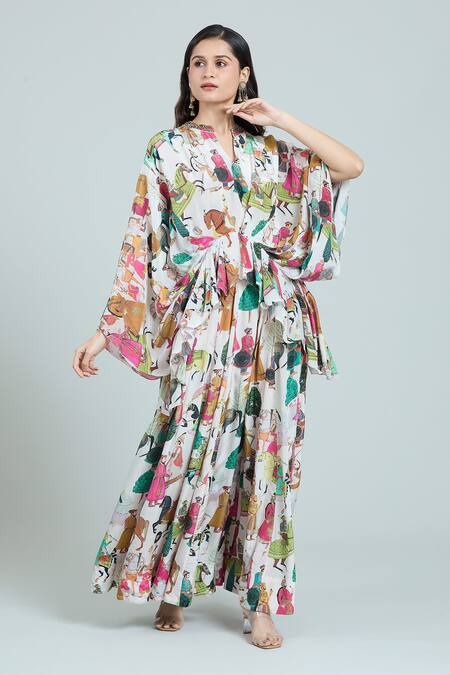 Buy Rajat K Tangri Ivory Cotton Embroidery Bandeau Neck Mughal Print Kaftan And Skirt Set Online at Aza Fashions Buy_Rajat K Tangri_Ivory Cotton Embroidery Bandeau Neck Mughal Print Kaftan And Skirt Set _Online_at_Aza_Fashions