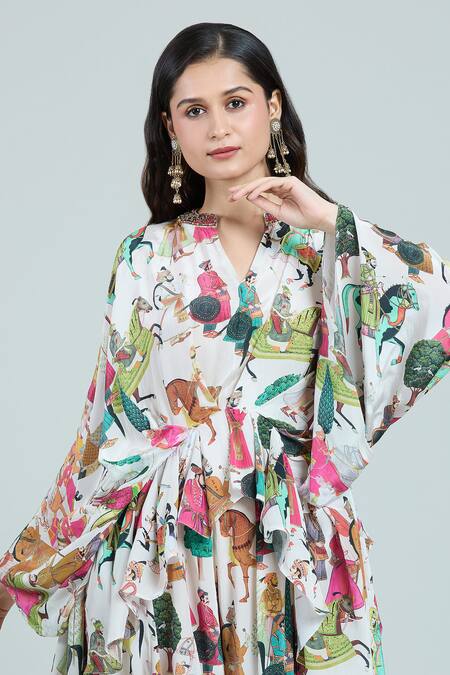 Shop Rajat K Tangri Ivory Cotton Embroidery Bandeau Neck Mughal Print Kaftan And Skirt Set Online at Aza Fashions Shop_Rajat K Tangri_Ivory Cotton Embroidery Bandeau Neck Mughal Print Kaftan And Skirt Set _Online_at_Aza_Fashions