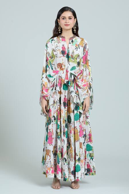 Rajat K Tangri Ivory Cotton Embroidery Bandeau Neck Mughal Print Kaftan And Skirt Set at Aza Fashions Rajat K Tangri_Ivory Cotton Embroidery Bandeau Neck Mughal Print Kaftan And Skirt Set _at_Aza_Fashions