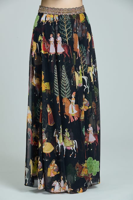 Rajat K Tangri_Black Georgette Embroidery V-neck Mughal Art Print Blouse And Lehenga Set _Online_at_Aza_Fashions