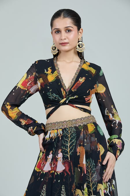 Buy_Rajat K Tangri_Black Georgette Embroidery V-neck Mughal Art Print Blouse And Lehenga Set _Online_at_Aza_Fashions