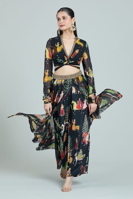 Shop_Rajat K Tangri_Black Georgette Embroidery V-neck Mughal Art Print Blouse And Lehenga Set _Online_at_Aza_Fashions