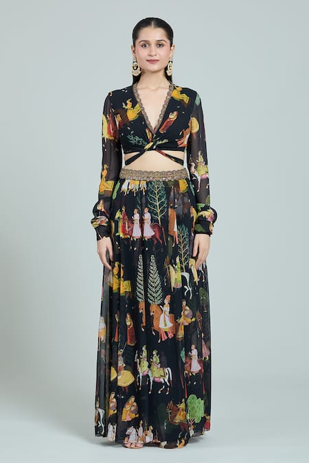 Rajat K Tangri_Black Georgette Embroidery V-neck Mughal Art Print Blouse And Lehenga Set _at_Aza_Fashions