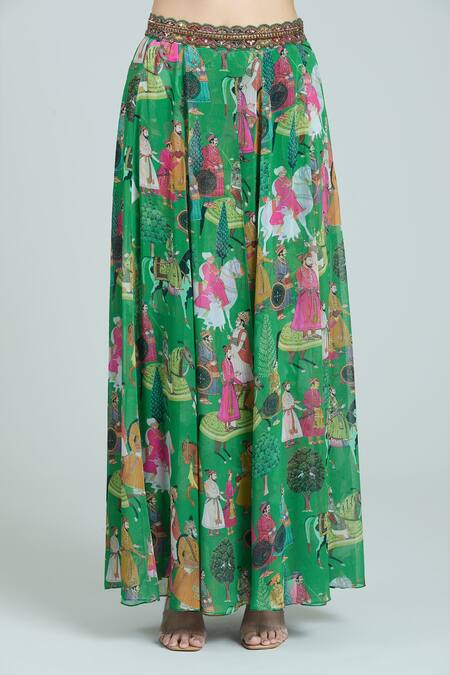 Rajat K Tangri Green Chiffon Embroidery V-neck Mughal Print Blouse And Lehenga Set Online at Aza Fashions Rajat K Tangri_Green Chiffon Embroidery V-neck Mughal Print Blouse And Lehenga Set _Online_at_Aza_Fashions