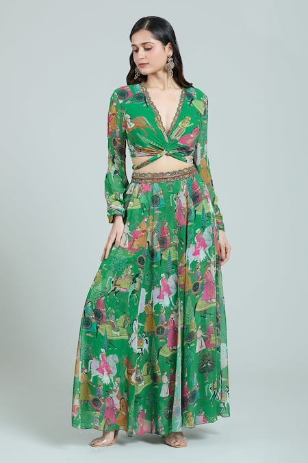 Buy Rajat K Tangri Green Chiffon Embroidery V-neck Mughal Print Blouse And Lehenga Set Online at Aza Fashions Buy_Rajat K Tangri_Green Chiffon Embroidery V-neck Mughal Print Blouse And Lehenga Set _Online_at_Aza_Fashions