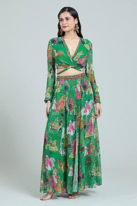 Shop Rajat K Tangri Green Chiffon Embroidery V-neck Mughal Print Blouse And Lehenga Set Online at Aza Fashions Shop_Rajat K Tangri_Green Chiffon Embroidery V-neck Mughal Print Blouse And Lehenga Set _Online_at_Aza_Fashions
