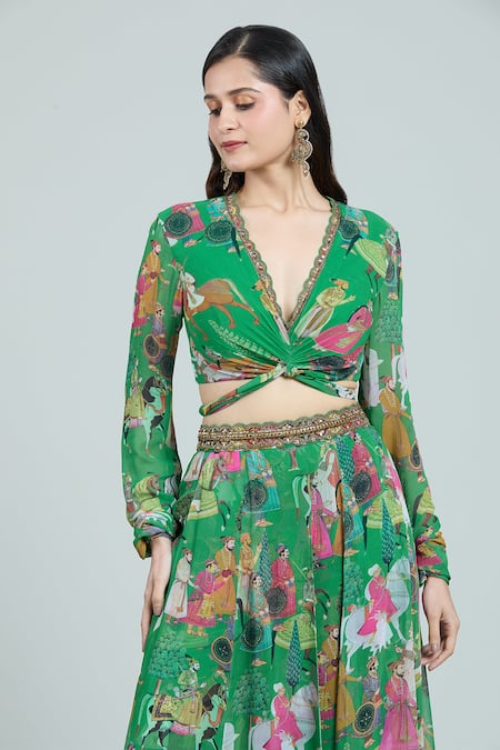 Rajat K Tangri Green Chiffon Embroidery V-neck Mughal Print Blouse And Lehenga Set at Aza Fashions Rajat K Tangri_Green Chiffon Embroidery V-neck Mughal Print Blouse And Lehenga Set _at_Aza_Fashions