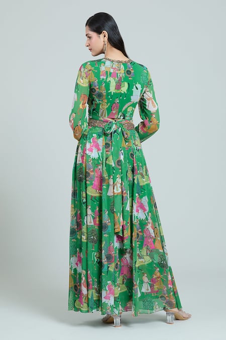 Shop Rajat K Tangri Green Chiffon Embroidery V-neck Mughal Print Blouse And Lehenga Set at Aza Fashions Shop_Rajat K Tangri_Green Chiffon Embroidery V-neck Mughal Print Blouse And Lehenga Set _at_Aza_Fashions