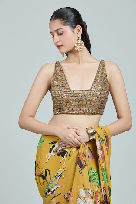 Rajat K Tangri Yellow Embroidery Scoop Neck Mughal Print Pre-stitched Saree With Blouse Online at Aza Fashions Rajat K Tangri_Yellow Embroidery Scoop Neck Mughal Print Pre-stitched Saree With Blouse _Online_at_Aza_Fashions
