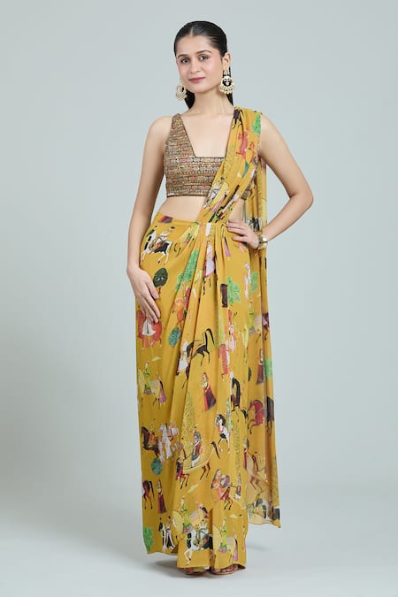 Buy Rajat K Tangri Yellow Embroidery Scoop Neck Mughal Print Pre-stitched Saree With Blouse Online at Aza Fashions Buy_Rajat K Tangri_Yellow Embroidery Scoop Neck Mughal Print Pre-stitched Saree With Blouse _Online_at_Aza_Fashions