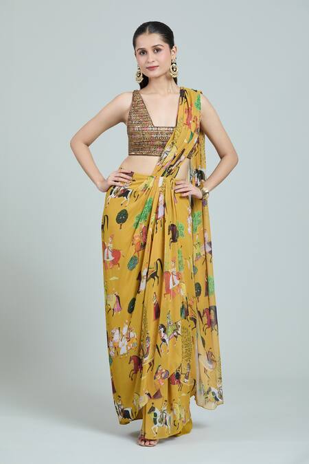Shop Rajat K Tangri Yellow Embroidery Scoop Neck Mughal Print Pre-stitched Saree With Blouse Online at Aza Fashions Shop_Rajat K Tangri_Yellow Embroidery Scoop Neck Mughal Print Pre-stitched Saree With Blouse _Online_at_Aza_Fashions