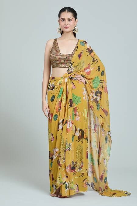 Rajat K Tangri Yellow Embroidery Scoop Neck Mughal Print Pre-stitched Saree With Blouse at Aza Fashions Rajat K Tangri_Yellow Embroidery Scoop Neck Mughal Print Pre-stitched Saree With Blouse _at_Aza_Fashions