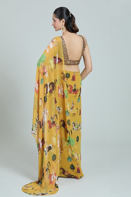 Shop Rajat K Tangri Yellow Embroidery Scoop Neck Mughal Print Pre-stitched Saree With Blouse at Aza Fashions Shop_Rajat K Tangri_Yellow Embroidery Scoop Neck Mughal Print Pre-stitched Saree With Blouse _at_Aza_Fashions