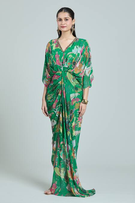 Rajat K Tangri Green Embroidery V-neck Mughal Art Print Draped Kaftan Online at Aza Fashions Rajat K Tangri_Green Embroidery V-neck Mughal Art Print Draped Kaftan _Online_at_Aza_Fashions